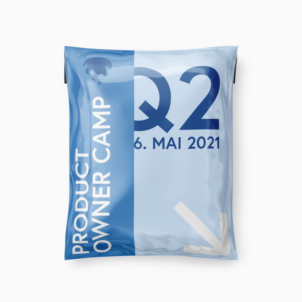Illustration: Prall gefülltes Paket "Product Owner Camp" mit Hinweis auf das zweite Quartal und den 6. Mai als Datum